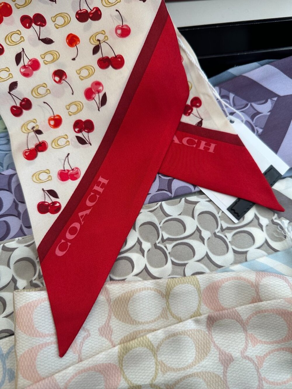 NWT! Coach CDG77 Sculpted C Cherries Print Silk Wide Skinny Scarf In Chalk Red - Picture 2 of 8